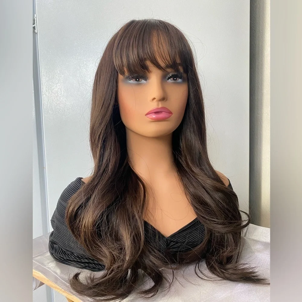 Chocolate Brown Wavy Long Wig with bangs 26”